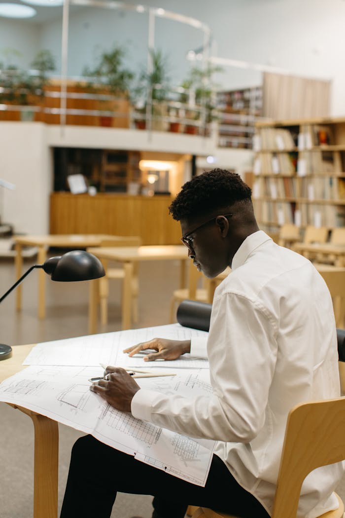 Focused architect studying plans in a contemporary library setting.